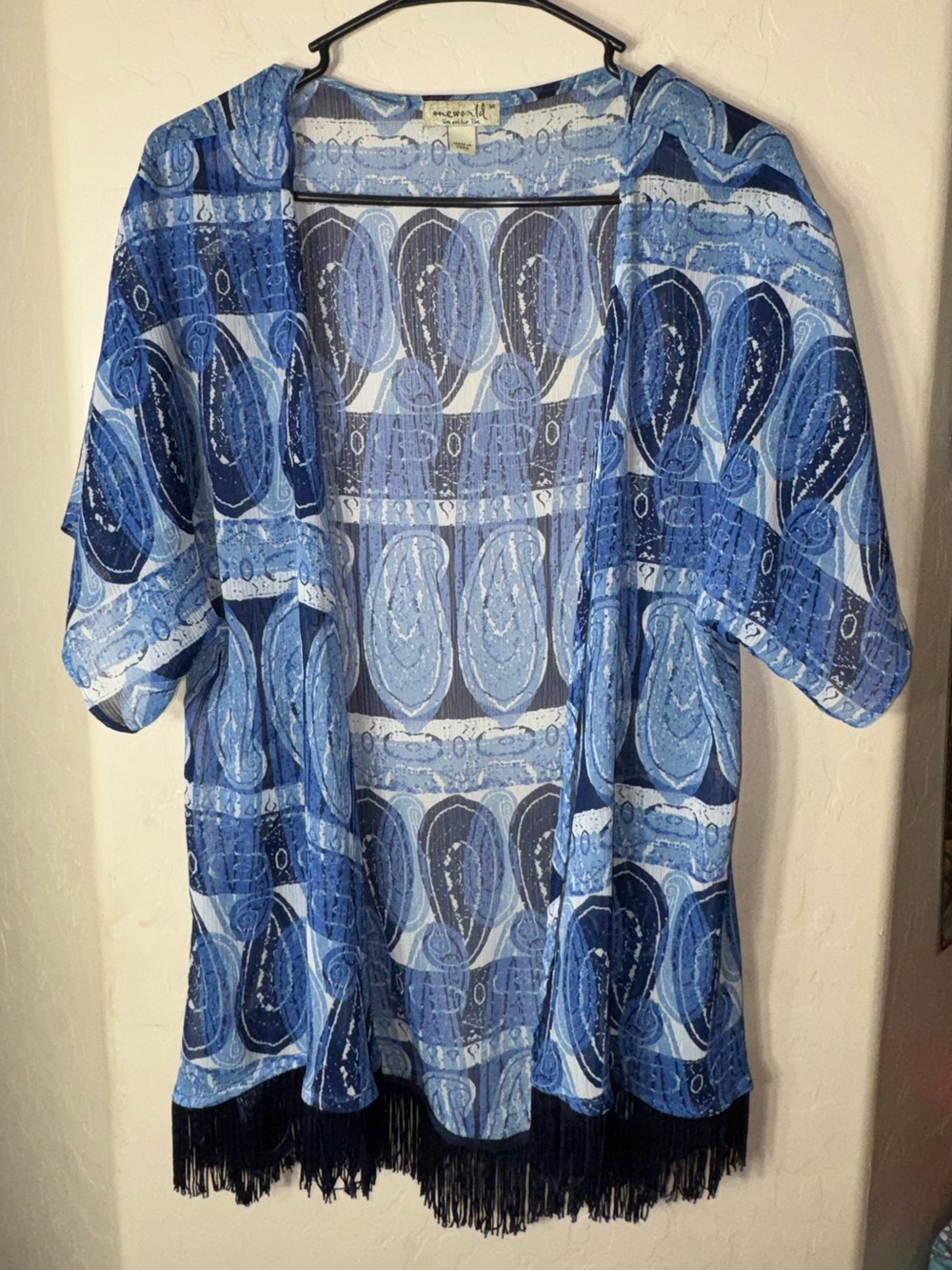 One World Blue Paisley Fringe Kimono Cardigan Open Front Boho Cover Up Size M